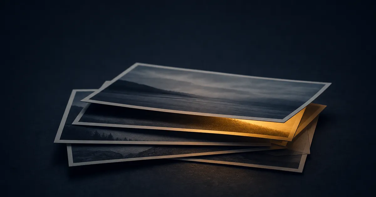 A fanned stack of photographic prints on a dark surface, the top one lifted at one corner with warm amber light escaping from the gap beneath it