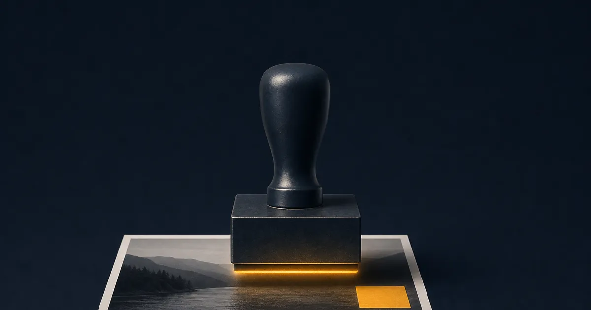 A rubber stamp pressing down onto a photograph, leaving a solid amber rectangle in its lower corner