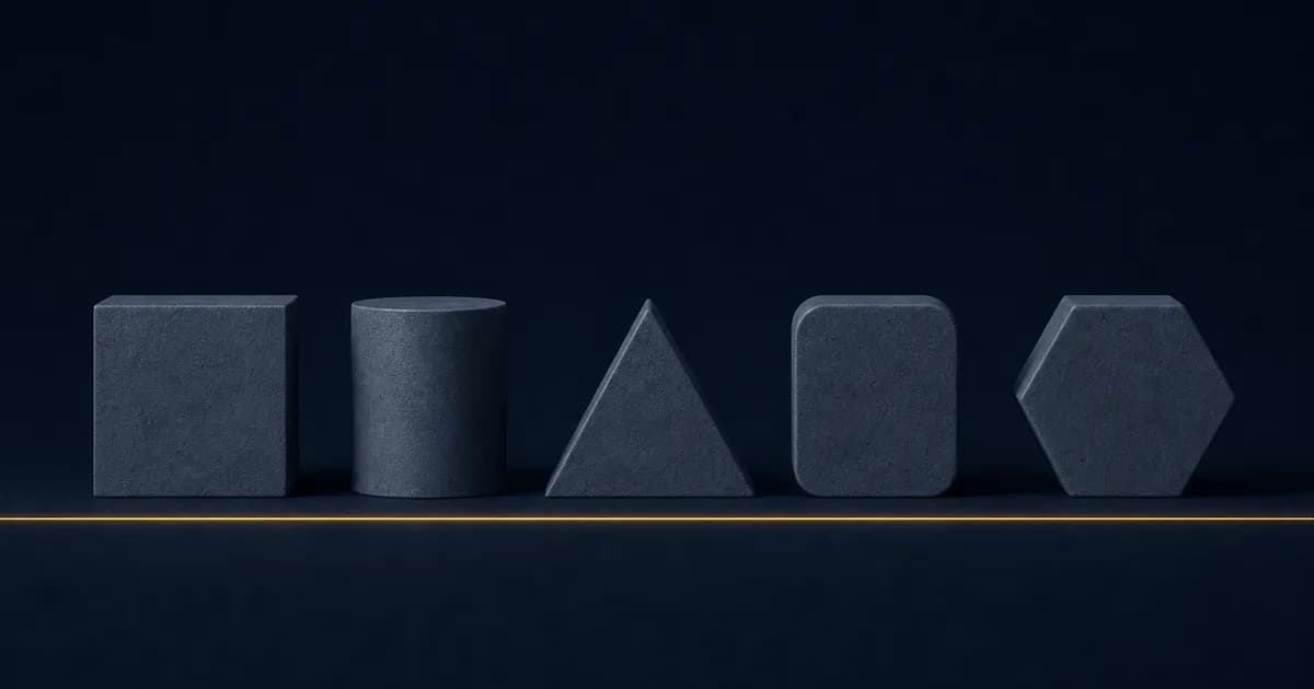 Five different geometric shapes standing in a row at exactly the same height under even light, an amber line running along the ground past all of them equally