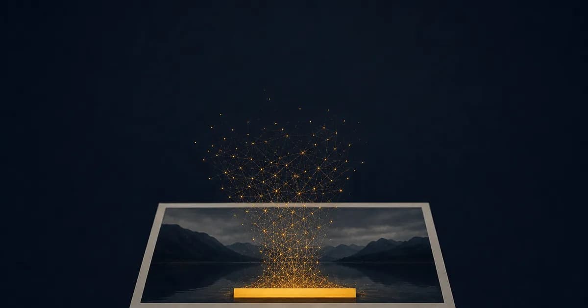 A cloud of amber dots and fine threads rising out of a photograph and gathering into a solid bar along its lower edge
