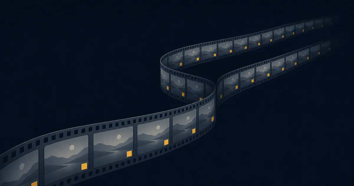 A curving filmstrip that divides into two, every frame carrying the same small amber mark in the same corner