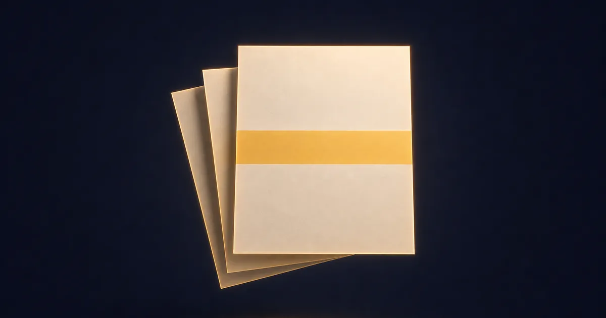 Three blank sheets of paper, the front one crossed by a level amber band across its middle