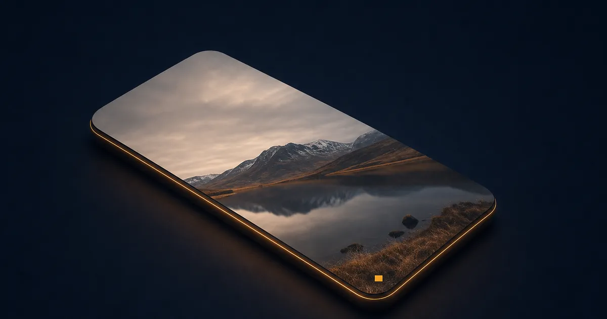 A phone lying flat with a landscape photograph filling its screen edge to edge and a small amber mark in the photo's lower corner