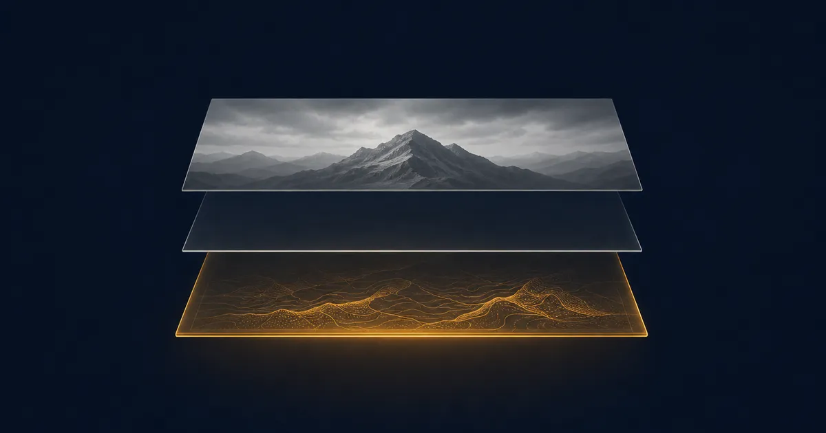 A photograph separated into three stacked layers, the lowest one glowing amber with fine contour lines