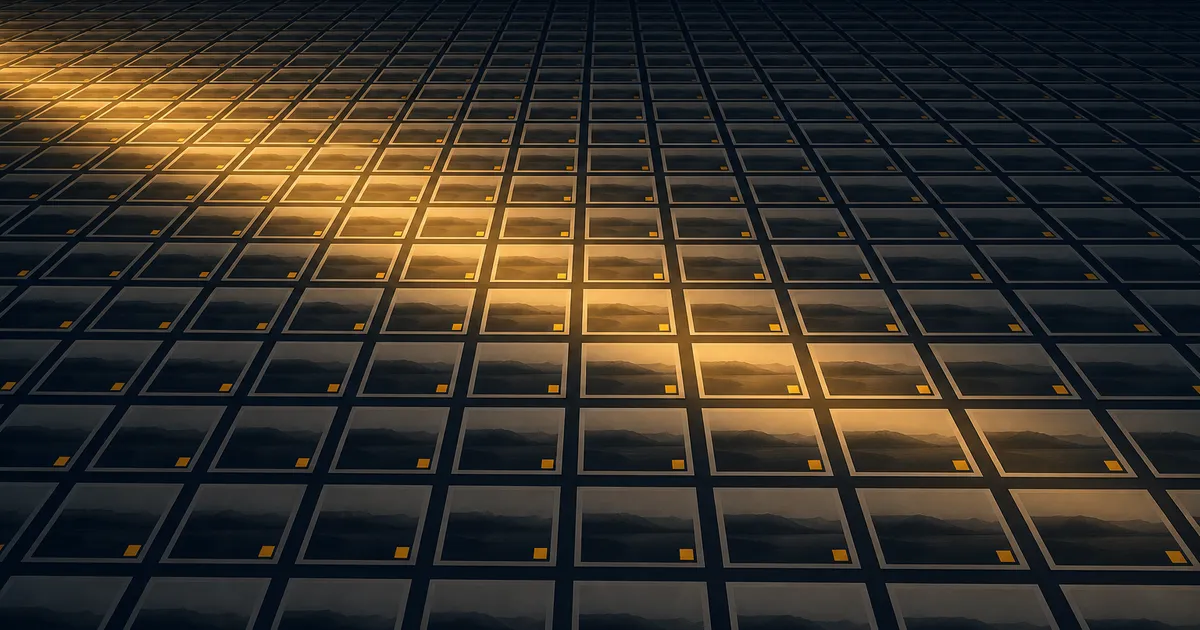 A vast grid of identical photo prints running past the edges of the frame, each carrying the same small amber mark in the same corner