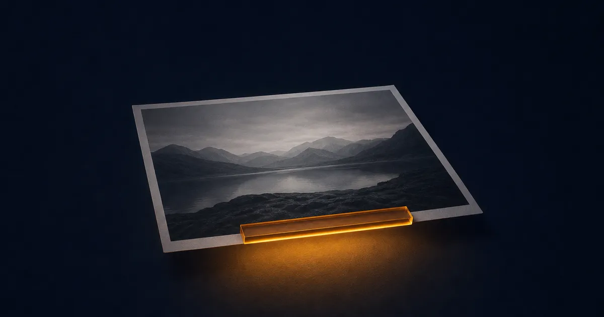 A photographic print floating in the dark with a glowing amber bar resting along its bottom edge
