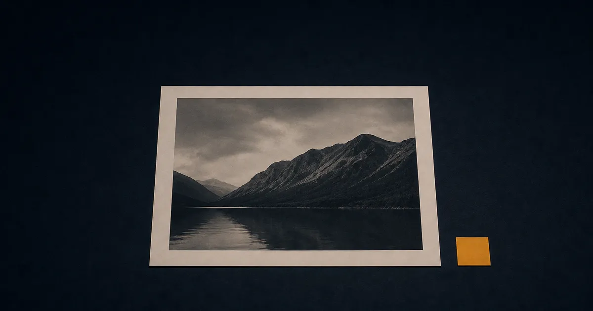 A photographic print lying flat with its own lower corner still bare, and a small flat amber tile resting on the dark surface beside it