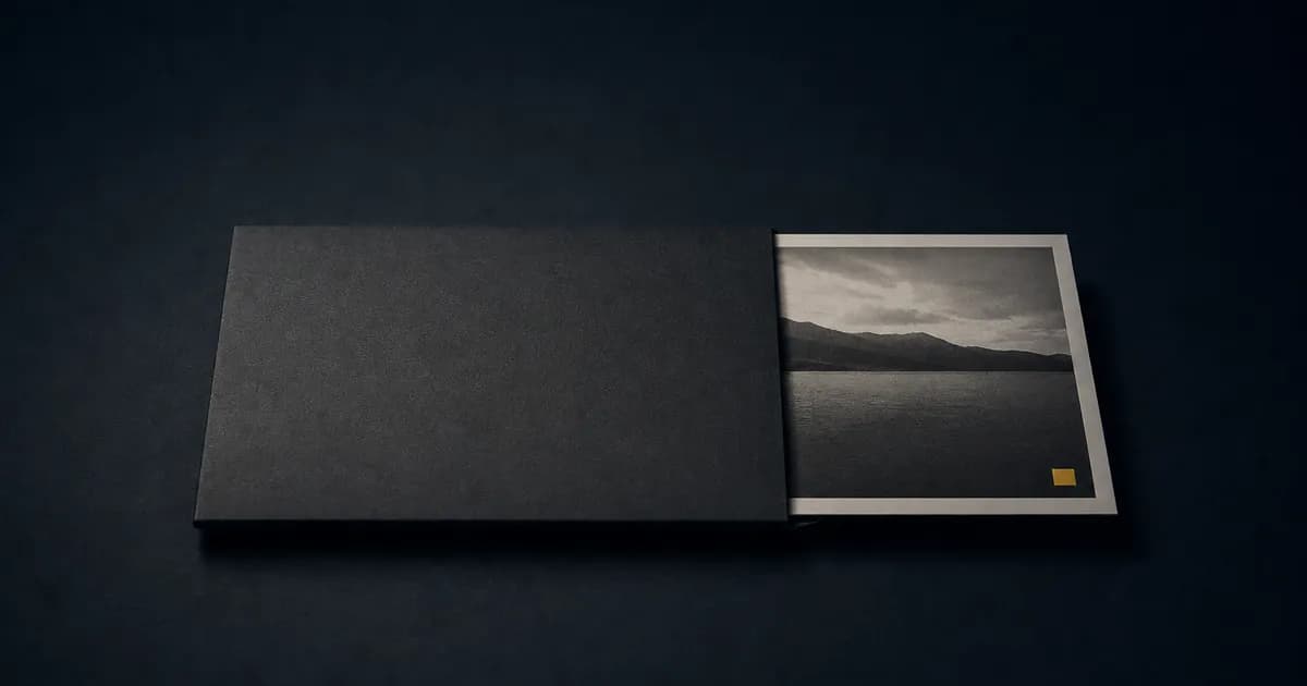 A photographic print drawn part-way out of a plain matte sleeve, far enough that a small amber mark in its lower corner has come into view