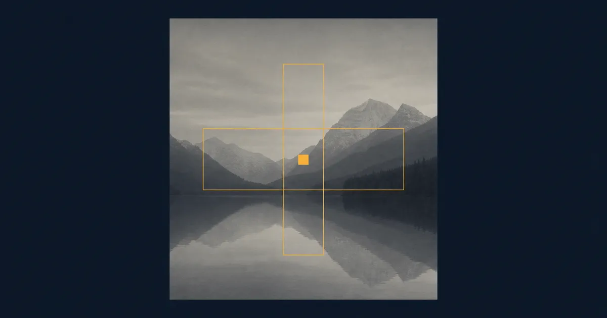 A square photograph overlaid with a tall and a wide crop rectangle, a small amber mark sitting where the two overlap
