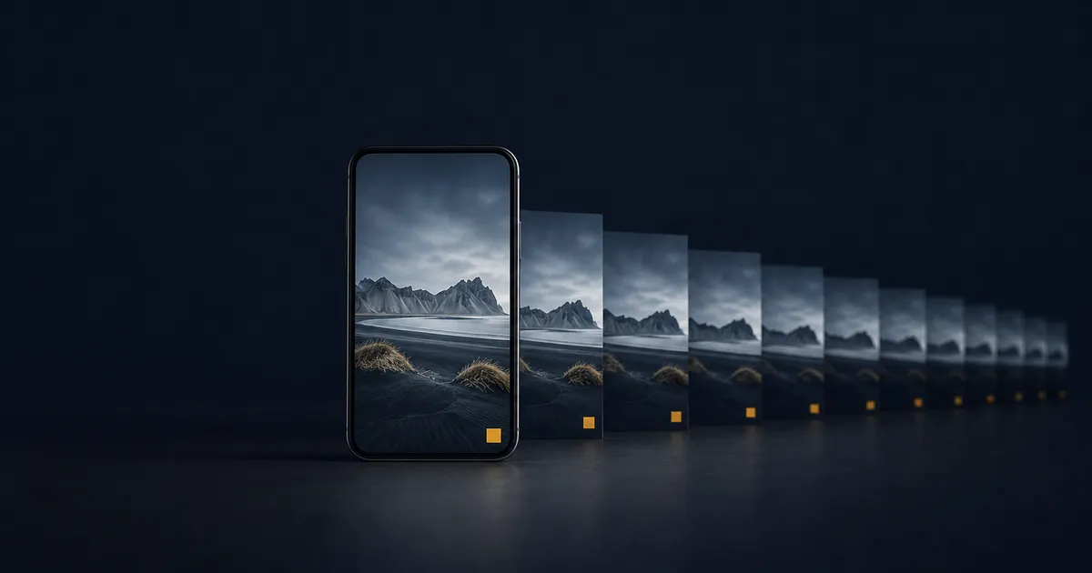 A phone standing upright showing a landscape photograph with a small amber mark in its lower corner, and the same photograph repeating in a row receding behind it, every frame carrying the identical mark